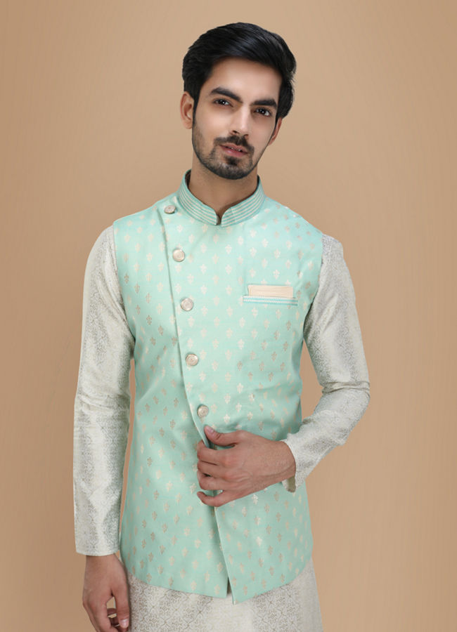 alt message - Manyavar Men Light Blue Kurta Jacket Set image number 0